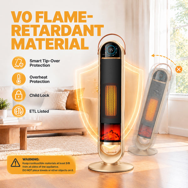SHOUFTW 1500W Tower Space Heater for Indoor Use, Electric Heater with Static Simulated Flame, 45° Oscillation, Child Lock, Overheat & Tip-Over Safety