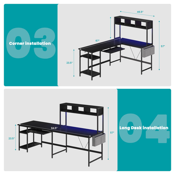 67" Reversible L-Shaped Desk with LED Lights, Power Outlets, Drawer, Keyboard Tray & Hutch