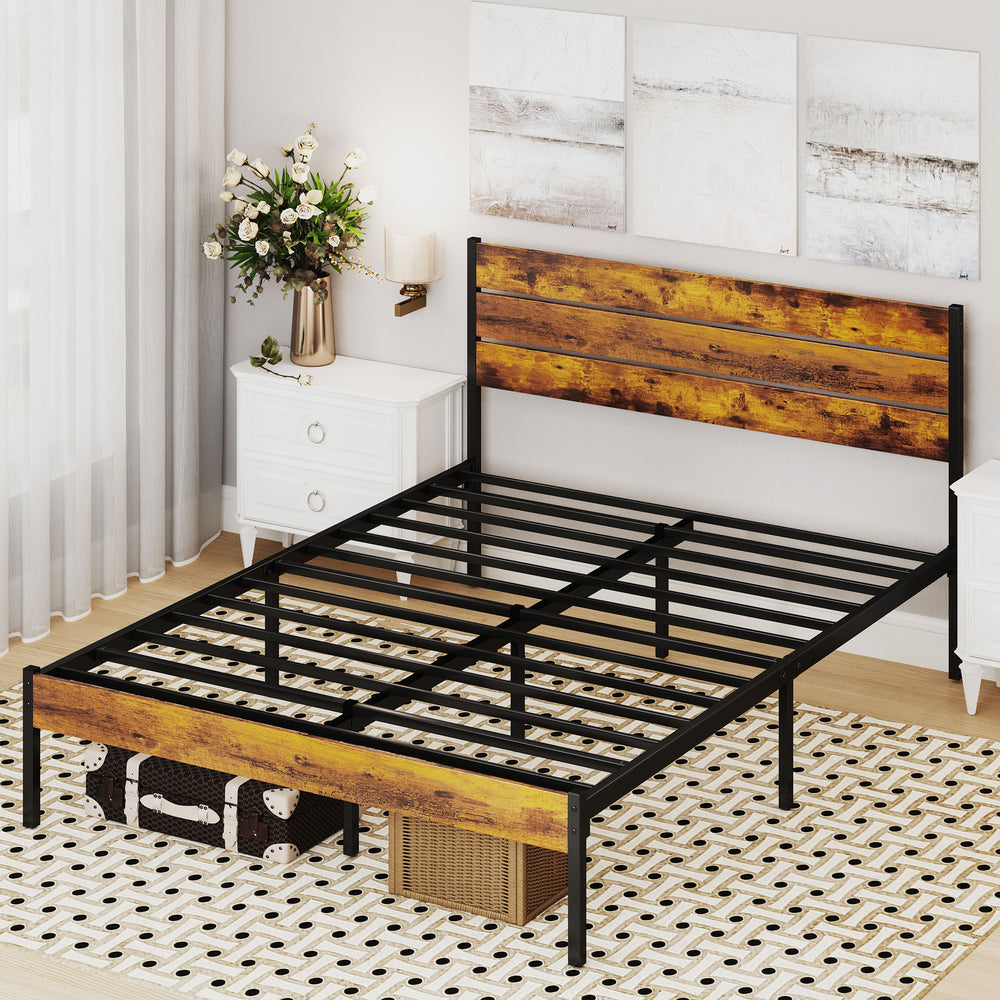 JOINSUN Metal Platform Bed Frame with Wooden Headboard & Footboard, No Box Spring Needed with 800LBS Sturdy Wooden Slats Support, Queen/Full/Twin Size