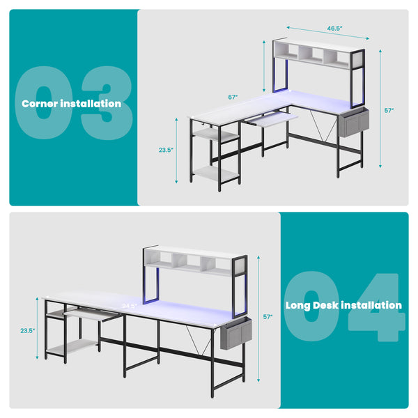 67" Reversible L-Shaped Desk with LED Lights, Power Outlets, Drawer, Keyboard Tray & Hutch