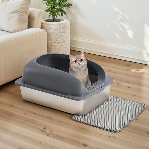 CONCETTA 24in Stainless Steel Cat Litter Box with Lid, Large Cat Litter Box for Cats, High Wall Sides, Anti-Urine Leakage, Easy Cleaning, Scoop and Mat Included