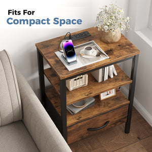 CONCETTA Small Night Stand with Charging Station, 1 Fabric Drawer, USB Ports and Outlets, Open Storage Shelf Bedside End Table for Bedroom, Black，Black Brown,Rustic Brown，White