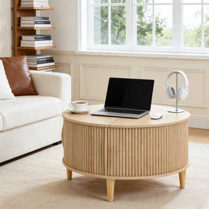 CONCETTA Round Flip-Top Coffee Table with Storage, Modern Farmhouse Style Center Table for Living Room, Natural Wood, Brown