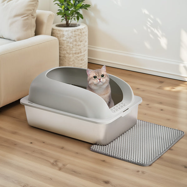 CONCETTA 24in Stainless Steel Cat Litter Box with Lid, Large Cat Litter Box for Cats, High Wall Sides, Anti-Urine Leakage, Easy Cleaning, Scoop and Mat Included