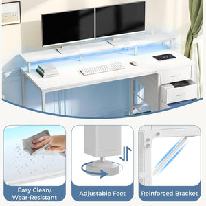 CONCETTA Computer Gaming Desk with 4 Drawers, Power Outlets and LED Lights for Home Small Spaces