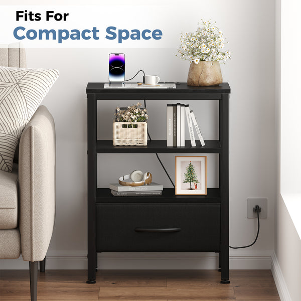 CONCETTA Small Night Stand with Charging Station, 1 Fabric Drawer, USB Ports and Outlets, Open Storage Shelf Bedside End Table for Bedroom, Black，Black Brown,Rustic Brown，White