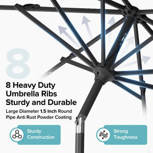 SHOUFTW 10FT Outdoor Patio Umbrella with Solar LED Lights, Push-Button Tilt Market Umbrella, Weather-Resistant 8-Rib Sun Shade for Patio, Garden, Backyard, Deck or Poolside