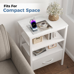 CONCETTA Small Night Stand with Charging Station, 1 Fabric Drawer, USB Ports and Outlets, Open Storage Shelf Bedside End Table for Bedroom, Black，Black Brown,Rustic Brown，White