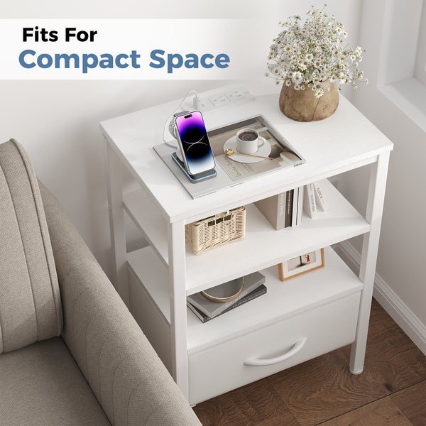 CONCETTA Small Night Stand with Charging Station, 1 Fabric Drawer, USB Ports and Outlets, Open Storage Shelf Bedside End Table for Bedroom, Black，Black Brown,Rustic Brown，White