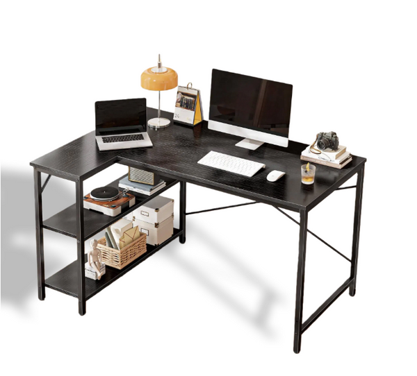 CONCETTA L Shaped Computer Desk with Reversible Storage Shelves, Corner Gaming Desk with PC Stand, Home Office Writing Study Table, Sturdy Metal Frame