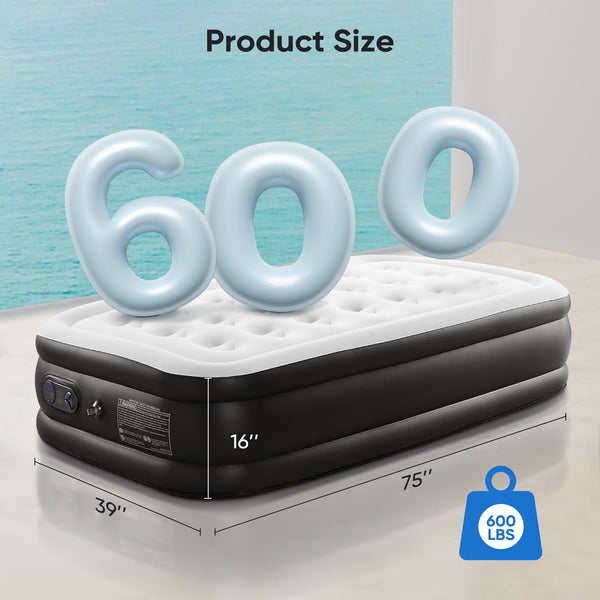 SHOUFTW H Air Mattress, Low Noise Blow Up Guest Mattress with Built in Pump, 600LBS Weight Capacity for Camping, Home