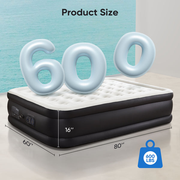 SHOUFTW H Air Mattress, Low Noise Blow Up Guest Mattress with Built in Pump, 600LBS Weight Capacity for Camping, Home