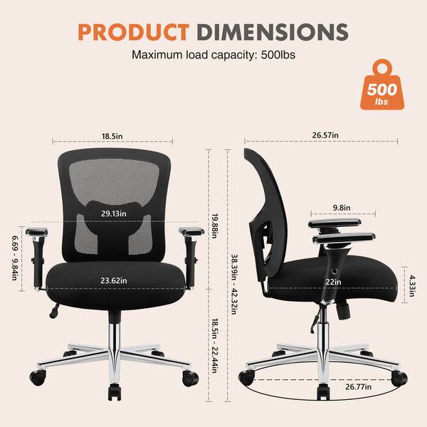 CONCETTA Ergonomic Home Office Adjustable Lumbar Support and Wheels, 3D Armrest, Wide Heavy Duty Computer Task Chairs for Adults