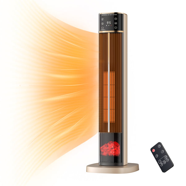 CONCETTA 1500W 32" Tower Space Heater, Portable Electric Flame Heater with Remote, 4 Modes Settings, Low Noise, 60°Oscillation & 15H Timer for Indoor Use
