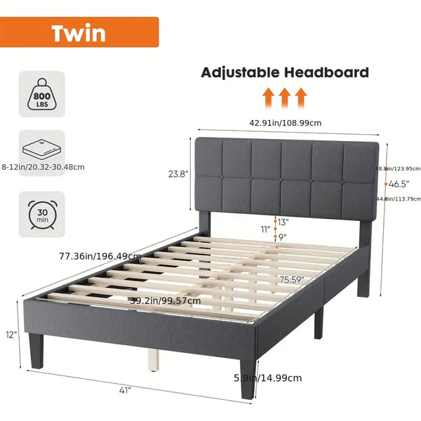 JOINSUN Platform Bed Frame with Headboard-No Box Spring Needed, Linen Upholstered Bed Frame with Wood Slats Support, Noise Free