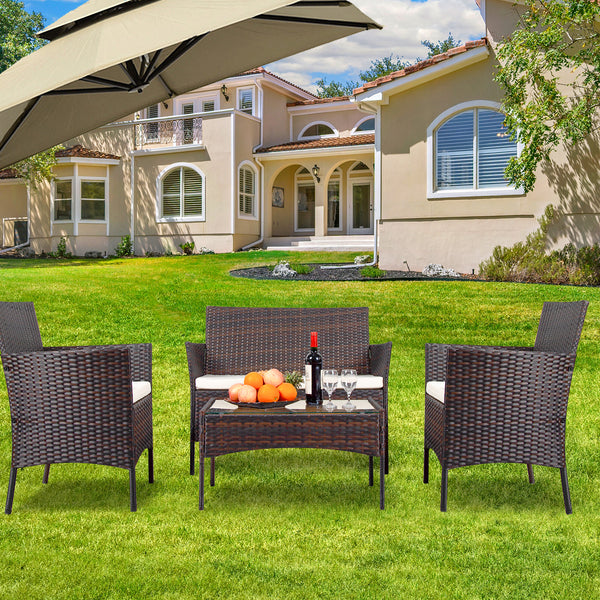 SHOUFTW Wicker Patio Furniture Set with Cushions & Glass Coffee Table, Outdoor Conversation Set for Backyard, Garden, Porch, Stylish & Comfortable