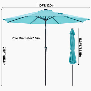 SHOUFTW 10FT Outdoor Patio Umbrella with Solar LED Lights, Push-Button Tilt Market Umbrella, Weather-Resistant 8-Rib Sun Shade for Patio, Garden, Backyard, Deck or Poolside
