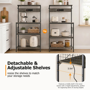 SHOUFTW Kitchen Storage Rack with Power Outlet, 4-Tier Backer's Rack for Microwave Stand & Coffee Bar Storage