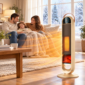 SHOUFTW 1500W Tower Space Heater for Indoor Use, Electric Heater with Static Simulated Flame, 45° Oscillation, Child Lock, Overheat & Tip-Over Safety