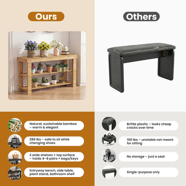 CONCETTA Bamboo Shoe Rack & Bench, 3-Tier 280 lb Capacity Storage Organizer for Entryway, Living Room, Balcony