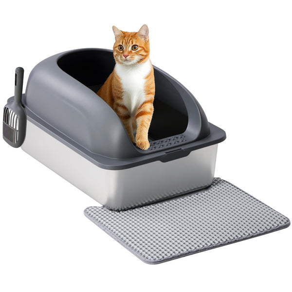 24in Stainless Steel Cat Litter Box with Lid, Large Cat Litter Box for Cats, High Wall Sides, Anti-Urine Leakage, Easy Cleaning, Scoop and Mat Included