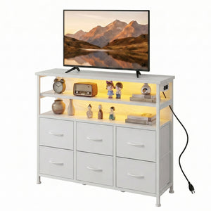 CONCETTA TV Stand for 45 Inch TV, 6-Drawer Dresser with 3-Tier Open Shelves, LED Lights, Charging Station, Wood Top Entertainment Center for Bedroom, Living Room, Hallway