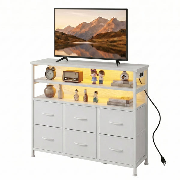 CONCETTA TV Stand for 45 Inch TV, 6-Drawer Dresser with 3-Tier Open Shelves, LED Lights, Charging Station, Wood Top Entertainment Center for Bedroom, Living Room, Hallway