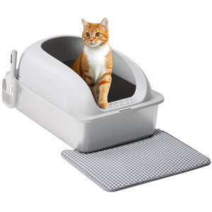 24in Stainless Steel Cat Litter Box with Lid, Large Cat Litter Box for Cats, High Wall Sides, Anti-Urine Leakage, Easy Cleaning, Scoop and Mat Included