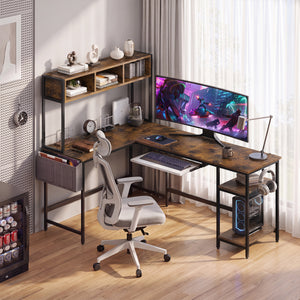 CONCETTA 67" Modern L-Shaped Gaming Desk with LED Lights and Power Outlets, Computer Desk with Drawer, Keyboard Tray for Monitors