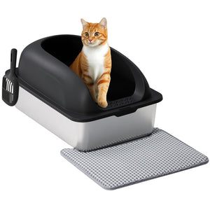 CONCETTA 24in Stainless Steel Cat Litter Box with Lid, Large Cat Litter Box for Cats, High Wall Sides, Anti-Urine Leakage, Easy Cleaning, Scoop and Mat Included