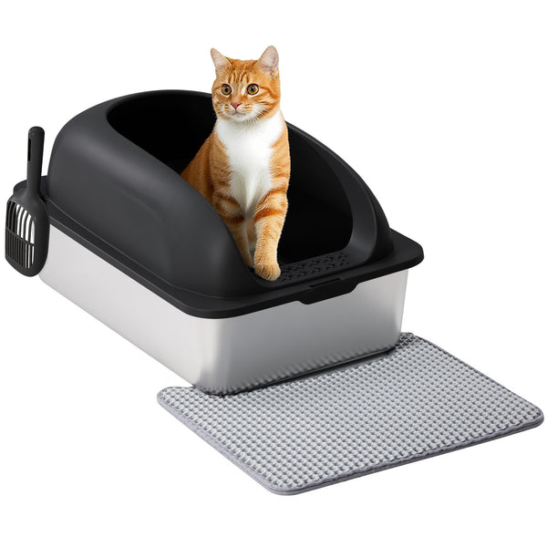 CONCETTA 24in Stainless Steel Cat Litter Box with Lid, Large Cat Litter Box for Cats, High Wall Sides, Anti-Urine Leakage, Easy Cleaning, Scoop and Mat Included