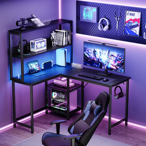 CONCETTA L Shaped Gaming Desk, Reversible Computer Desk with Power Outlets & LED Lignts, Gaming Table with Storage Shelves and Hooks for Bedroom Home Office