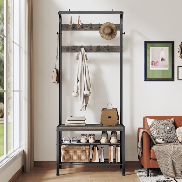 CONCETTA 4-in-1 Coat Rack Hall Tree with Shoe Bench, Shoe Storage, Removable Hooks, Hanging Rod, 13.3 x 28.3 x 72.1 Inches
