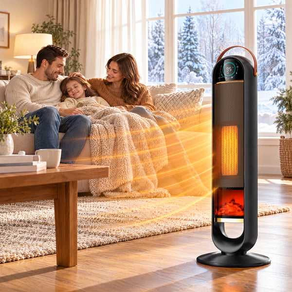 SHOUFTW 1500W Tower Space Heater for Indoor Use, Electric Heater with Static Simulated Flame, 45° Oscillation, Child Lock, Overheat & Tip-Over Safety