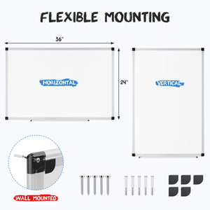 CONCETTA Dumos Magnetic Dry Erase Board - 36x24in, Dual Mount, Removable Pen Tray, Silver Frame, White