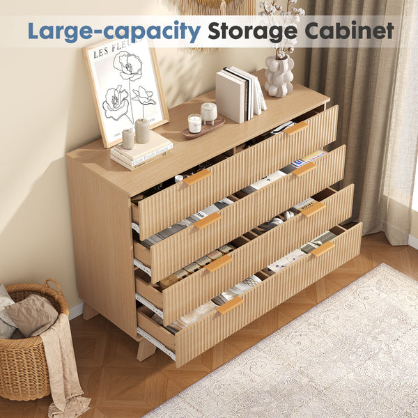 CONCETTA Modern Fluted Dresser for Bedroom, Wide Chest of Drawers with Metal Handles, Wood Storage Organizer for Living Room Bedroom Hallway, Natural Oak