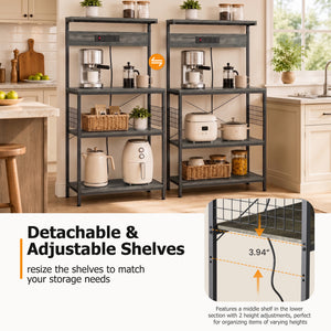 SHOUFTW Kitchen Storage Rack with Power Outlet, 4-Tier Backer's Rack for Microwave Stand & Coffee Bar Storage