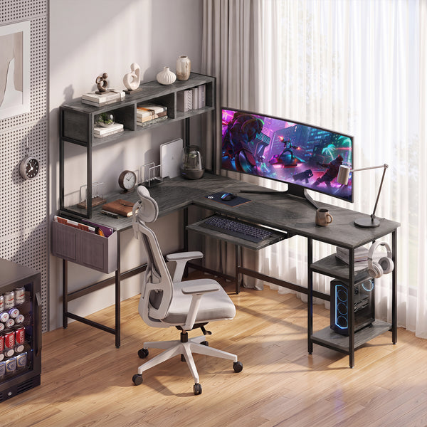 CONCETTA 67" Modern L-Shaped Gaming Desk with LED Lights and Power Outlets, Computer Desk with Drawer, Keyboard Tray for Monitors