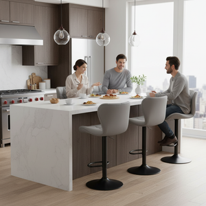 Set of 2 Swivel Bar Stools - Adjustable Height Modern Faux Leather Barstools Counter Bar Chairs with Backrest for Kitchen Island & Home Bar, Gray