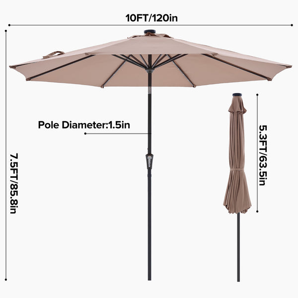 SHOUFTW 10FT Outdoor Patio Umbrella with Solar LED Lights, Push-Button Tilt Market Umbrella, Weather-Resistant 8-Rib Sun Shade for Patio, Garden, Backyard, Deck or Poolside