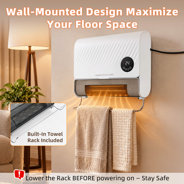 CONCETTA 1500W Wall-mount Electric Space Heater with 3 Mode 40-95°F Thermostat, 12H Timer, Child Lock, Low Noise for Bedrooms, Indoor