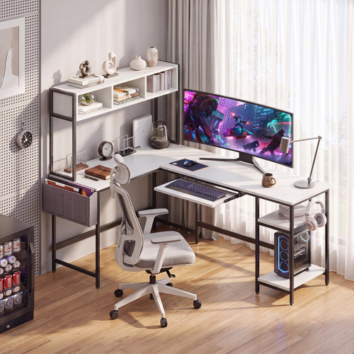 CONCETTA 67" Modern L-Shaped Gaming Desk with LED Lights and Power Outlets, Computer Desk with Drawer, Keyboard Tray for Monitors