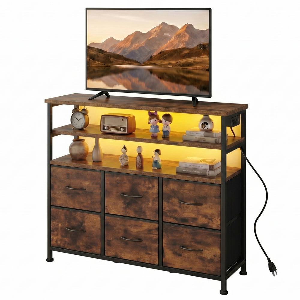 CONCETTA TV Stand for 45 Inch TV, 6-Drawer Dresser with 3-Tier Open Shelves, LED Lights, Charging Station, Wood Top Entertainment Center for Bedroom, Living Room, Hallway