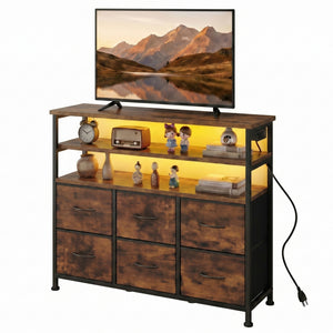 CONCETTA TV Stand for 45 Inch TV, 6-Drawer Dresser with 3-Tier Open Shelves, LED Lights, Charging Station, Wood Top Entertainment Center for Bedroom, Living Room, Hallway
