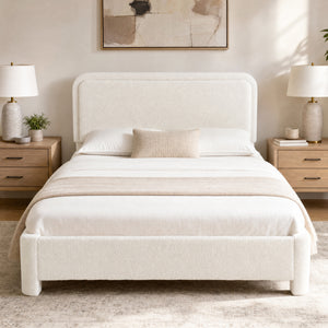 CONCETTA Bed Frame with Boucle Upholstery, Modern Platform Bed with Headboard, Soft Rounded Corners, No Box Spring Needed, Easy Assembly, White