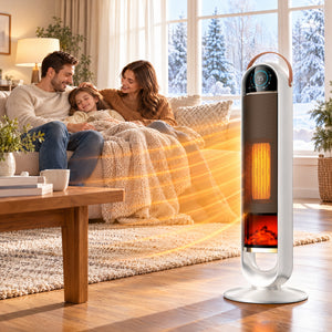 SHOUFTW 1500W Tower Space Heater for Indoor Use, Electric Heater with Static Simulated Flame, 45° Oscillation, Child Lock, Overheat & Tip-Over Safety