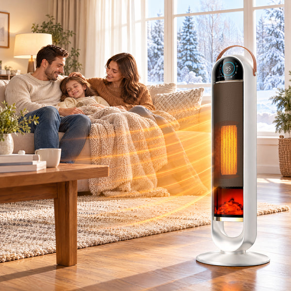 SHOUFTW 1500W Tower Space Heater for Indoor Use, Electric Heater with Static Simulated Flame, 45° Oscillation, Child Lock, Overheat & Tip-Over Safety