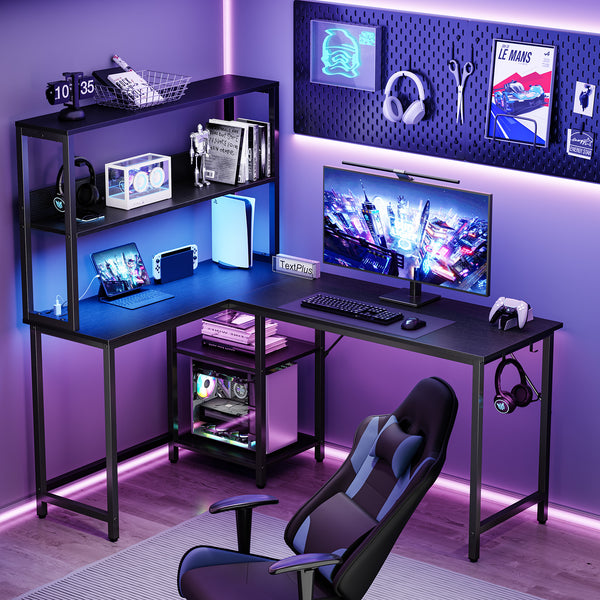 CONCETTA L Shaped Gaming Desk, Reversible Computer Desk with Power Outlets & LED Lignts, Gaming Table with Storage Shelves and Hooks for Bedroom Home Office