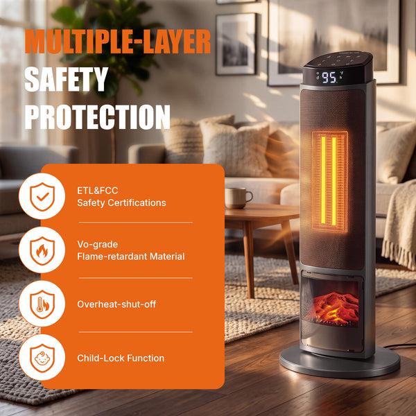 SHOUFTW 1500W Space Heater, 23" Electric Heater with Remote and Thermostat, 12H Timer, 4 Modes & 70°Oscillation, Overheat & Tip-Over Protection for Indoor