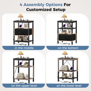 CONCETTA Small Night Stand with Charging Station, 1 Fabric Drawer, USB Ports and Outlets, Open Storage Shelf Bedside End Table for Bedroom, Black，Black Brown,Rustic Brown，White